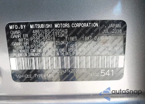 2019 Mitsubishi Outlander Se z USA, uszkodzony, nr VIN JA4AD3A37KZ006566